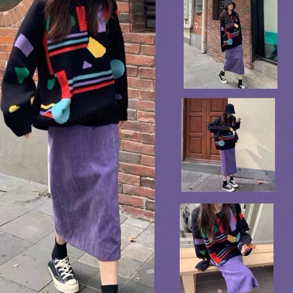 Colorful Geometric Knit Sweater & Purple Corduroy Skirt Set - Picture 4 of 13